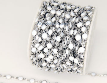 White Shell Rosary Chain, Silver Beaded Rosary Chain CH #236, Flat Beads in 4 mm or 6 mm